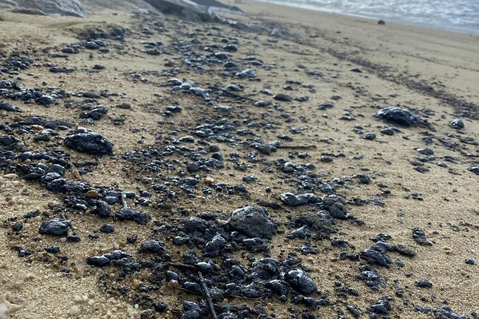 PANTAI TERCEMAR: Kawasan pesisir pantai East Coast Park diselaputi minyak hitam dan melekit pada Selasa.