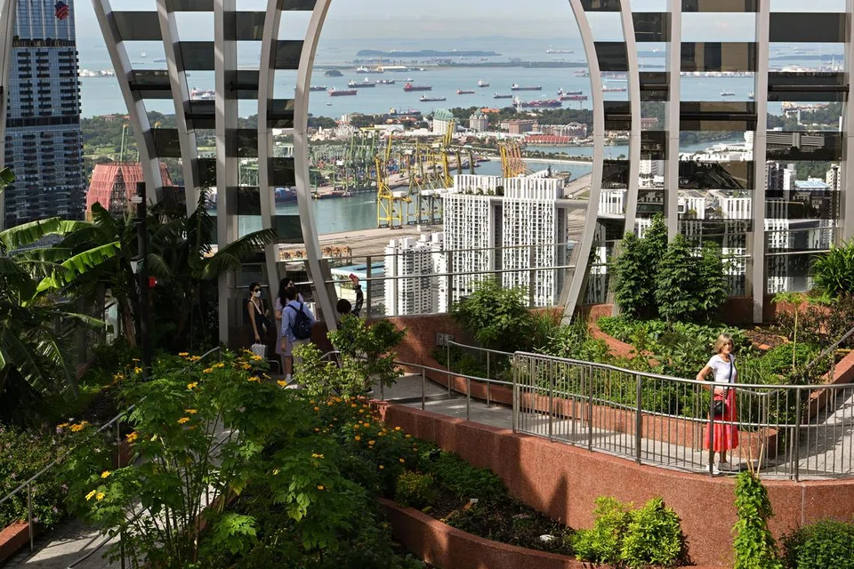 Pemandangan Pinnacle@Duxton, Terminal Brani, pelabuhan, Sentosa, kapal dan kapal tangki dapat dinikmati dari taman bandar, Sky Garden, di CapitaSpring.