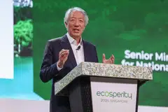 Menteri Kanan, Encik Teo Chee Hean, menyampaikan ucaptamanya pada Minggu Ecosperity di Marina Bay Sands pada 6 Mei.