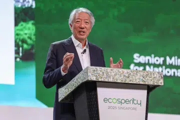 Menteri Kanan, Encik Teo Chee Hean, menyampaikan ucaptamanya pada Minggu Ecosperity di Marina Bay Sands pada 6 Mei.