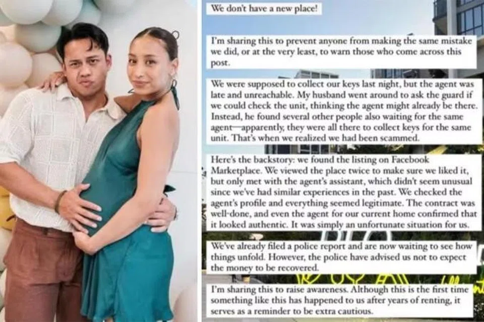 Pasangan JM Degollo (kanan) dan suaminya Faz (kiri) yang baru menyambut kelahiran anak mereka kini terkandas kerana penipuan ejen hartanah