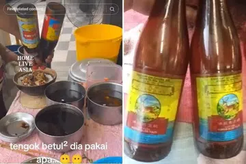 TUNJUK BUKTI: Video di TikTok yang menunjukkan peniaga gerai Aman’s Food Stall menggunakan ‘wain beras’ (kiri), tetapi peniaga itu menghantar gambar (kanan) kepada BH menunjukkan sebenarnya minyak bijan yang digunakan.