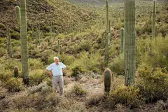 KAKTUS PENGGANAS: Pengacara Sir David Attenborough dicabar untuk menolak kaktus 'cholla' dengan menggunakan sarung tangan tetapi terasa cucukan durinya bak jarum. - Foto BBC STUDIOS