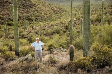 KAKTUS PENGGANAS: Pengacara Sir David Attenborough dicabar untuk menolak kaktus 'cholla' dengan menggunakan sarung tangan tetapi terasa cucukan durinya bak jarum. - Foto BBC STUDIOS