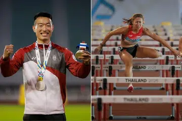 Atlet lompat pagar Ang Chen Siang (kiri) dan Kerstin Ong masing-masing telah mencatat rekod baru pada 12 Disember dalam acara 110 meter lompat pagar lelaki dan 100 meter lompat pagar wanita.