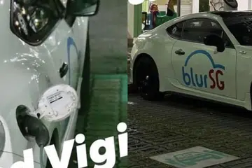 SERUPA KERETA ELEKTRIK: Sebuah kereta Toyota dilengkapi logo “BlurSG” dengan bentuk persis BlueSG dan didakwa menggunakan pengecas kendalian syarikat itu. 