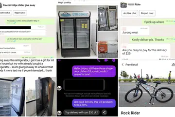 PENIPUAN ‘FREECYCLING’: Pelbagai barangan ditawarkan termasuk basikal dan peralatan dapur yang besar seperti peti sejuk sebagai helah menipu. 