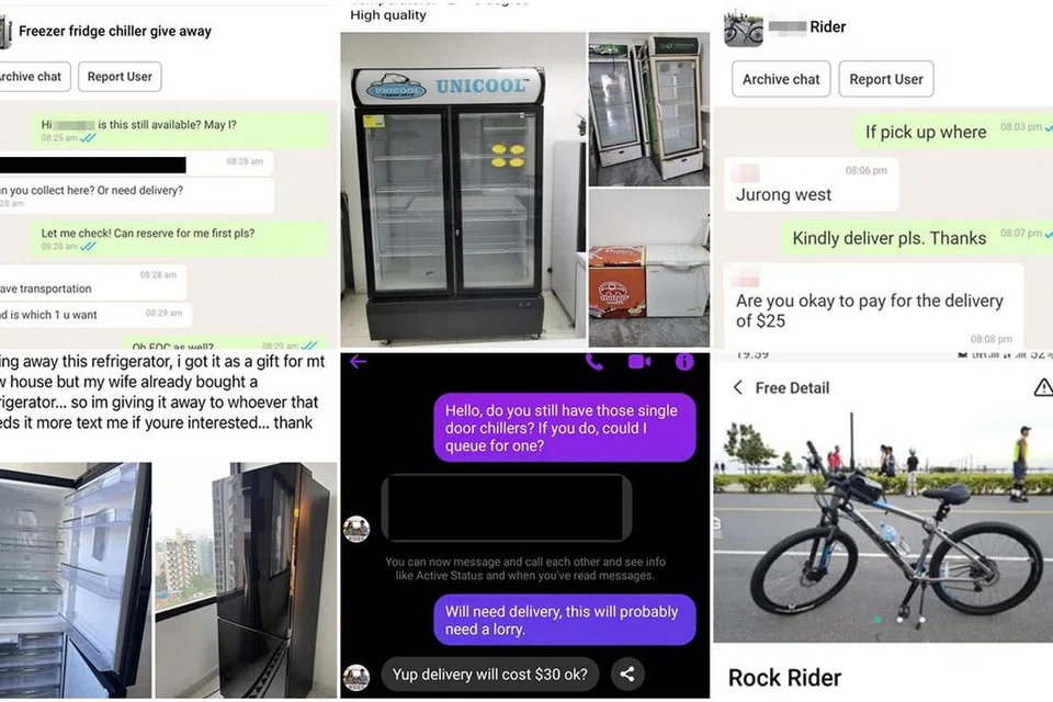 PENIPUAN ‘FREECYCLING’: Pelbagai barangan ditawarkan termasuk basikal dan peralatan dapur yang besar seperti peti sejuk sebagai helah menipu. 