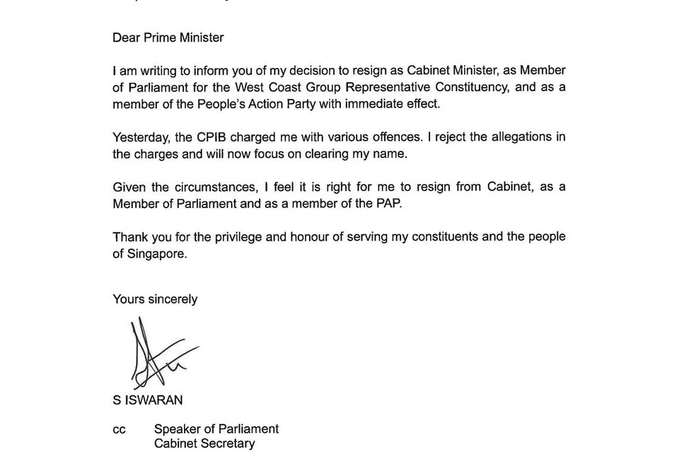 Surat Encik S Iswaran kepada Perdana Menteri, Encik Lee Hsien Loong, bertarikh 16 Januari. 