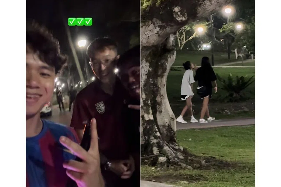 Pelajar Politeknik Republic, (dari kiri) Encik Muhd Danyal Ng, Encik Kenric Tan, dan Encik Ariel Pharrell, terserempak dengan dua remaja perempuan yang dilaporkan hilang, El Amrithanjali, dan Daeng Nur’adriani Daeng Muhammad Fairus, ketika berkhemah di Pantai Pasir Ris pada lewat malam 28 April.