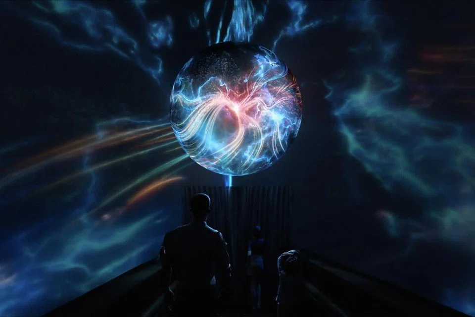 Lakaran artis bagi sfera LED baru di rotunda kaca, Muzium Negara Singapura.