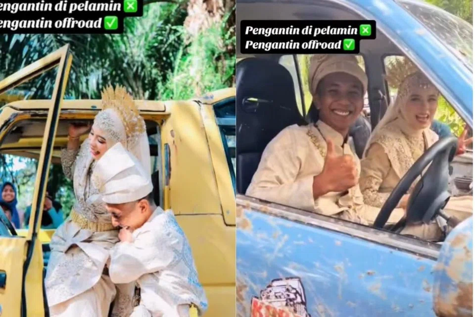 RONDA-RONDA: Pasangan mempelai Cik Fatin Norshaheerah Abdul Latiff dan suami, Encik Ahmad Zuhaili Zikri Abdullan, menaiki kenderaan pacuan empat roda bagi kegiatan ‘off road’ semasa hari persidangan mereka pada 16 Disember dalam pakaian sanding masing-masing.