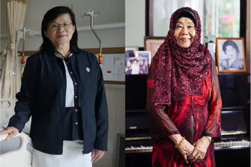 WANITA-WANITA DIIKTIRAF: Profesor Leo Yee Sin (kiri) berada di barisan hadapan ketika Singapura menentang Covid-19 manakala Nona Asiah (kanan) menjadi mentor kepada bakat muda, yang kebanyakannya kemudiannya menjadi nama terkemuka dalam hiburan Melayu. - Foto-foto fail