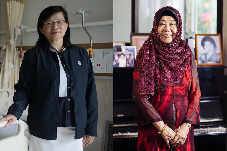 WANITA-WANITA DIIKTIRAF: Profesor Leo Yee Sin (kiri) berada di barisan hadapan ketika Singapura menentang Covid-19 manakala Nona Asiah (kanan) menjadi mentor kepada bakat muda, yang kebanyakannya kemudiannya menjadi nama terkemuka dalam hiburan Melayu. - Foto-foto fail
