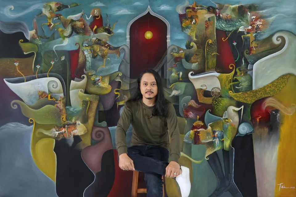 ILHAM TERCETUS DARI MIMPI : T:zi mendapat ilham dari mimpinya, yang diinterpretasikan dalam lukisan di Pameran “Beratnya Langit” di The Arts House.