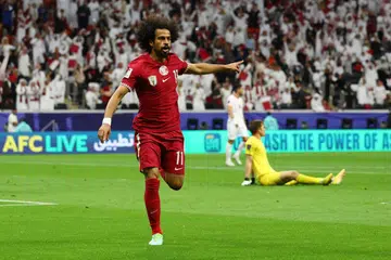 MANTAP: Penyerang Qatar, Akram Afif, meraikan golnya dalam kemenangan 1-0 ke atas Tajikistan dalam aksi Kumpulan A Piala Asia di Stadium Al Bayt pada 17 Januari. 