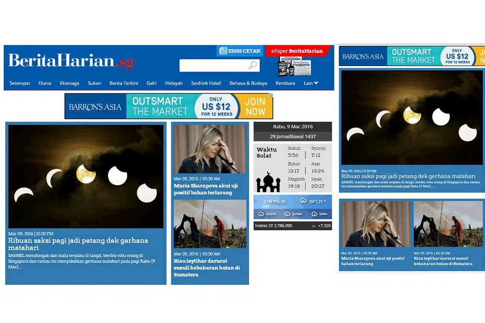MUDAHKAN PEMBACA: Selain memaparkan reka bentuk lebih kemas dan mesra pengguna, laman web baru BH.sg juga responsif dan mengikut saiz skrin digital pembaca. Gambar menunjukkan saiz laman tersebut di skrin komputer (kiri) dan di skrin telefon bimbit (kanan).