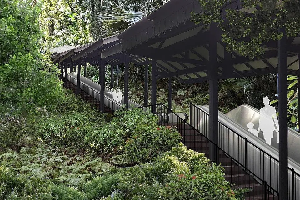MEMPERTINGKATKAN AKSES DI TAMAN FORT CANNING: Lakaran pelukis bagi eskalator berbumbung yang akan dibina bagi memudahkan lawatan pengunjung terutama sekali mereka yang sudah berumur. - Foto NPARKS