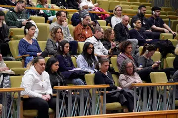 Kaum keluarga tebusan Israel yang masih ditahan Hamas, menghadiri mesyuarat Majlis Keselamatan Pertubuhan Bangsa-Bangsa Bersatu (PBB) mengenai konflik di Timur Tengah di pejabat PBB di New York pada 11 Mac.