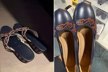 Kasut baharu itu (kanan), diperbuat daripada kulit tulen dengan lapik dalam kulit anak biri-biri, mempunyai reka bentuk ‘wedge’ bertutup yang bercorak batik.