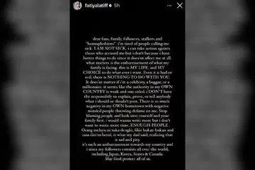 LUAH PERASAAN: Fathia meluahkan perasaan melalui hantaran Instagram Story dan mendakwa siapapun dirinya, mereka tidak berhak menilai atau mencampuri urusan peribadinya.