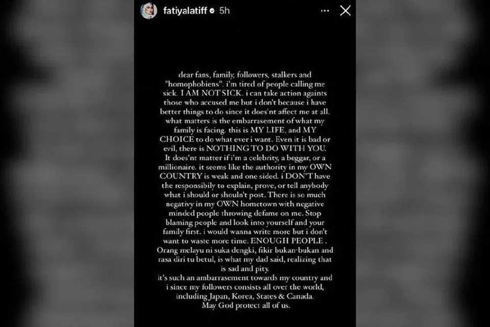 LUAH PERASAAN: Fathia meluahkan perasaan melalui hantaran Instagram Story dan mendakwa siapapun dirinya, mereka tidak berhak menilai atau mencampuri urusan peribadinya.