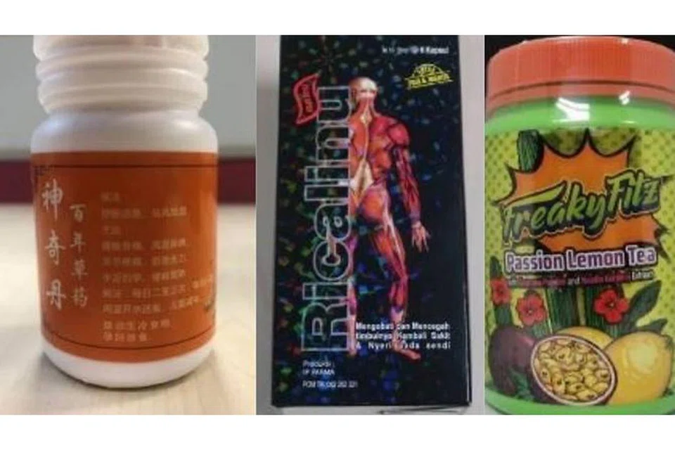 AMARAN HSA: Ketiga-tiga produk kesihatan (dari kiri) Shen Qi Ddan Bai Nian Cao Yao, Riculina dan Freaky Fitz boleh membahayakan kesihatan pengguna. - Foto PENGUASA SAINS KESIHATAN