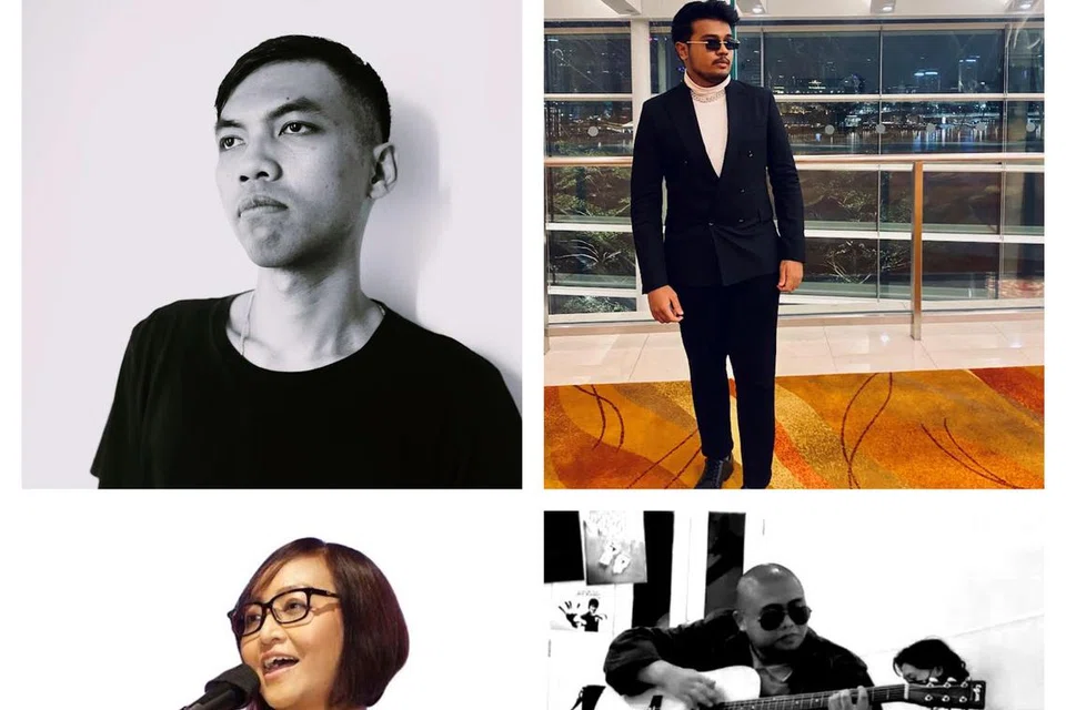 BAKAT SINGAPURA: (Dari kiri, atas mengikut putaran jam) Tentang Langit (nama pentas penyanyi Singapura), Rahmat Damansari, Ash Senipunk dan Diana Saad menghargai proses mencipta lagu dengan hasil pena lirik yang menyentuh jiwa.
