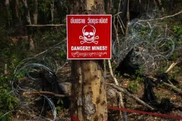 Papan tanda amaran periuk api digantung di sebatang pokok di Wilayah Surin, tapak pertempuran antara Thailand dengan Kemboja pada Disember 2025.