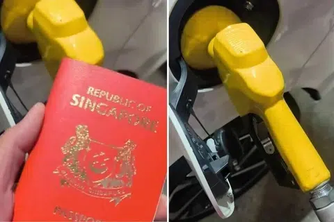 Pengguna Threads memuat naik video memaparkan seseorang menunjukkan pasport Singapura ketika mengisi minyak RON95.