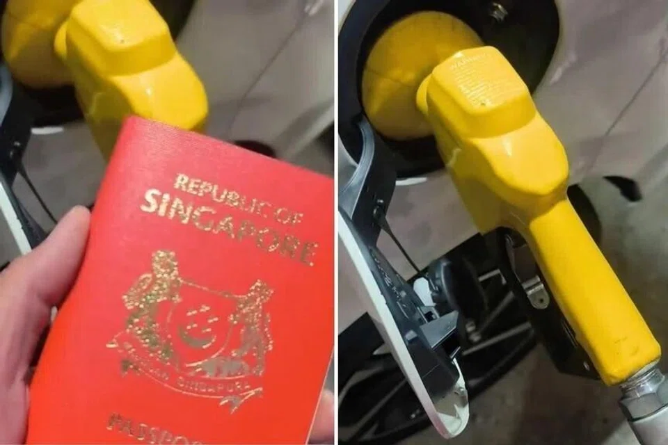 Pengguna Threads memuat naik video memaparkan seseorang menunjukkan pasport Singapura ketika mengisi minyak RON95.