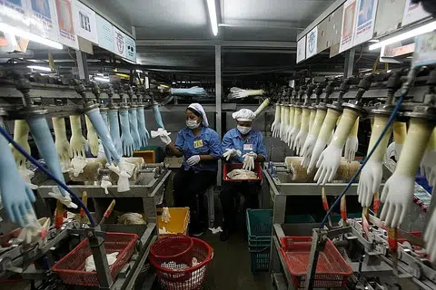 GAJI MINIMUM LEBIH TINGGI: Dua pekerja sedang bertugas di sebuah kilang membuat sarung tangan getah di Klang, Selangor. Kerajaan Malaysia menaikkan gaji bulanan minimum kepada RM1,500 daripada RM1,200 bagi syarikat yang menggajikan sekurang-kurangnya lima pekerja mulai 1 Mei lalu. Pelaksanaan gaji minimum baru itu akan berkuat kuasa sepenuhnya menjelang pertengahan tahun depan. - Foto fail