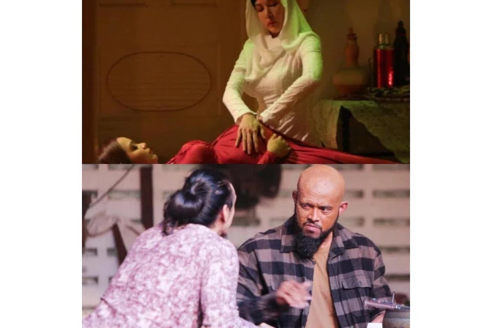 TANDA TANYA BELUM TERJAWAB: Talbis Iblis yang dijayakan Nasha Aziz (foto atas, sedang mengurut), Azira Shafinaz, Amir Nafis (foto bawah di kiri) dan Zul Ariffin meninggalkan penonton dengan bermacam tanda tanya mengelirukan meskipun lakonan Nasha dan Zul dianggap wajar dipuji. - Foto INFINITUS GOLD