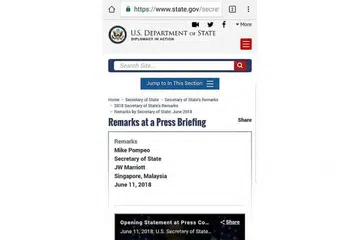 SALAH TULIS: Kesilapan itu dibuat dalam transkrip taklimat yang disampaikan Setiausaha Negara Amerika, Encik Mike Pompeo, pada 11 Jun dan kemudian dibetulkan.