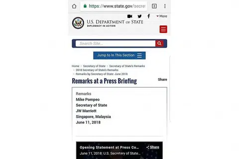 SALAH TULIS: Kesilapan itu dibuat dalam transkrip taklimat yang disampaikan Setiausaha Negara Amerika, Encik Mike Pompeo, pada 11 Jun dan kemudian dibetulkan.