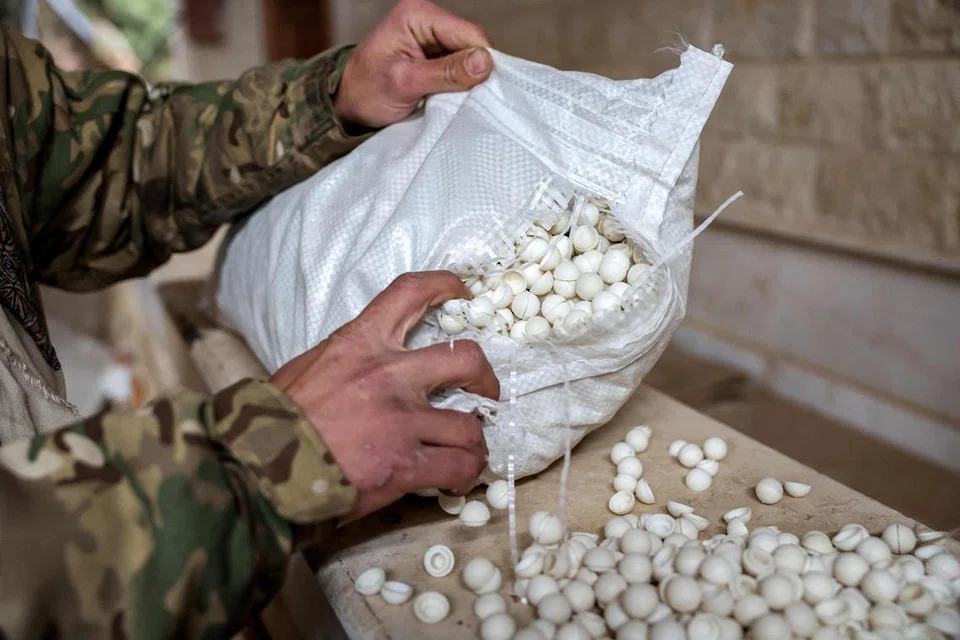 Seorang pejuang pemberontak Syria memeriksa pil-pil Captagon, sejenis dadah psikoaktif dengan jenama Fenethylline, yang dihasilkan di sebuah makmal sementara di sebuah vila ladang di bandar Al-Dimas, kira-kira 27 kilometer di barat laut Damsyik pada 22 Disember 2024.