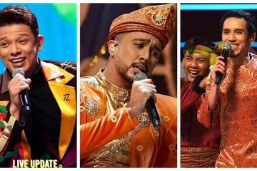 KETENTUAN REZEKI: (Dari kiri) Hady Mirza konsisten di tangga kedua minggu ini, Aliff Aziz terpaksa mengucapkan selamat tinggal selepas mendapat markah paling rendah manakala Naqiu pula di tangga pertama konsert suku akhir All Stars Gegar Vaganza (ASGV).