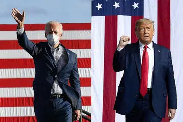 SEMUA UNDI PERLU DIKIRA: Kedua-dua calon presiden, Encik Joe Biden (paling kiri) dan Encik Donald Trump yakin mereka akan menang pilihan raya presiden Amerika kali ini walaupun keputusan rasmi belum dibuat dengan jutaan undi melalui pos belum lagi dikira. - Foto AFP