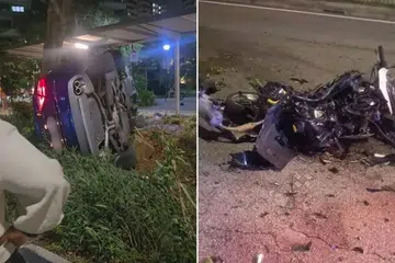 Kemalangan itu melibatkan sebuah Audi biru yang merempuh pembahagi jalan dan menghentam sebuah motosikal serta sebuah kereta lain di Tampines Avenue 12.
