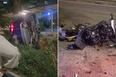 Kemalangan itu melibatkan sebuah Audi biru yang merempuh pembahagi jalan dan menghentam sebuah motosikal serta sebuah kereta lain di Tampines Avenue 12.