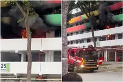 Barang-barang yang diletakkan di sepanjang koridor Blok 25, Eunos Crescent dijilat api dalam kebakaran pada 15 April.