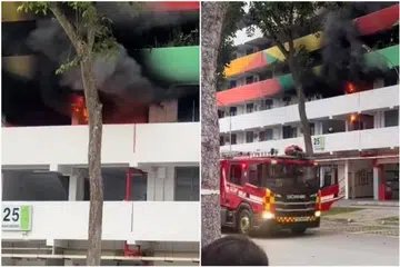 Barang-barang yang diletakkan di sepanjang koridor Blok 25, Eunos Crescent dijilat api dalam kebakaran pada 15 April.