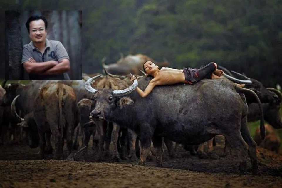 Gambar Muhammad Syukur Khamis, ketika berusia 13 tahun yang bersahaja berbaring di atas kerbau antara hasil bidikan jurugambar profesional tempatan sehingga memenangi anugerah di peringkat antarabangsa. (Gambar sisipan) Encik Abdullah Dean Mohd Zain, jurugambar profesional yang pernah merakamkan gambar Muhammad Syukur bersama haiwan ternakannya sejak 2015, sehingga tular di media sosial.