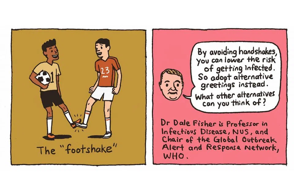 KISAH-KISAH COVID-19: "ALTERNATIF BERSALAMAN" (Kiri) 'Salam' kaki (The "footshake") (Kanan) - Dengan mengelakkan bersalaman, anda dapat mengurangkan risiko dijangkiti. Jadi amalkan cara alternatif ketika menyambut orang. Apa cara lain yang dapat anda fikirkan?