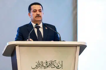 Perdana Menteri Iraq, Encik Mohammed Shia al-Sudani, berucap di majlis ulang tahun ke-21 Pasukan Mobilisasi Popular Iraq, di Baghdad pada 3 Mei.