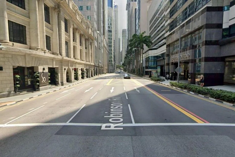 Tiga lorong paling kanan Robinson Road akan ditutup pada 8 Disember 2019. FOTO: TANGKAP LAYAR DARI GOOGLE MAPS