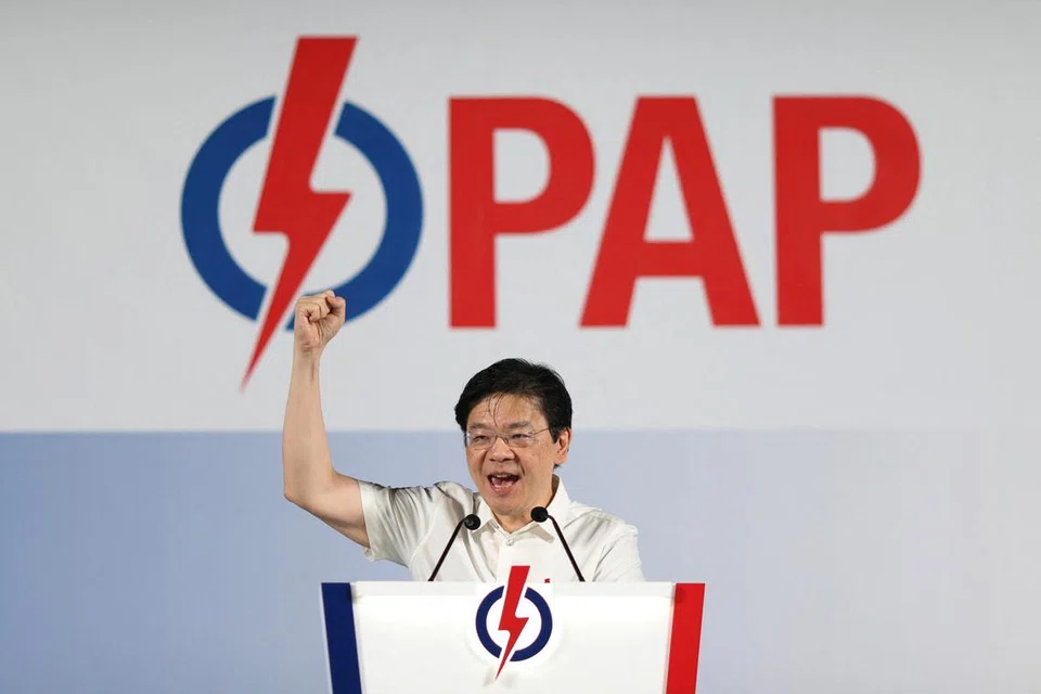 Perdana Menteri, Encik Lawrence Wong semasa berucap di rapat Parti Tindakan Rakyat (PAP) pada 26 April di Chua Chu Kang. 