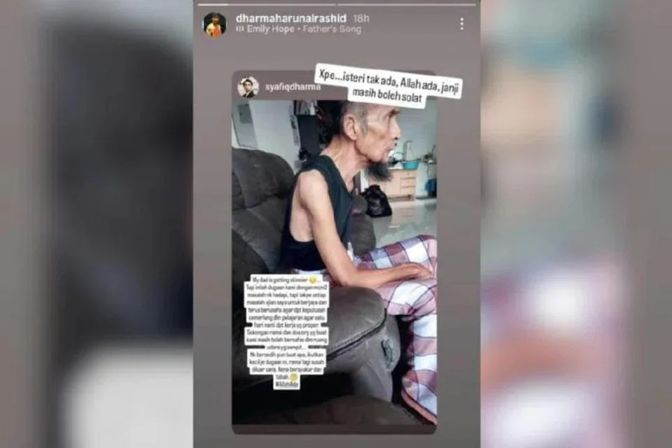Penampilan terkini Dharma yang dikongsi anaknya melalui Instagram Story menunjukkan keadaannya yang sangat kurus.