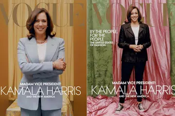 ANTARA DUA PILIHAN: Kontroversi timbul selepas majalah Vogue menerbitkan muka depan dengan pilihan gambar di sebelah kanan, yang melihatkan Cik Harris dalam keadaan begitu santai, seakan tidak menghormati kedudukannya sebagai Naib Presiden Dipilih. - Foto AFP