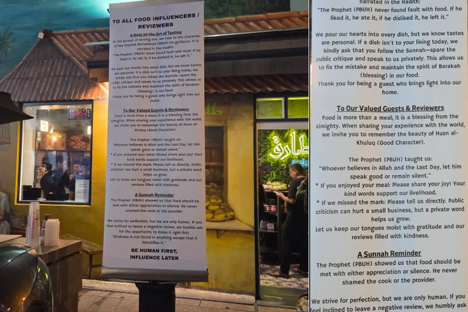 Notis yang menggesa orang ramai agar tidak menjatuhkan perniagaan dengan memberi ulasan negatif digantung di Muscat Street, berdekatan Bazar di Kampong Glam.